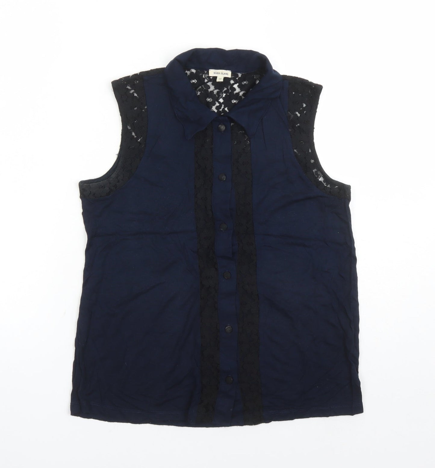 River Island Womens Blue Viscose Basic Button-Up Size 10 Collared