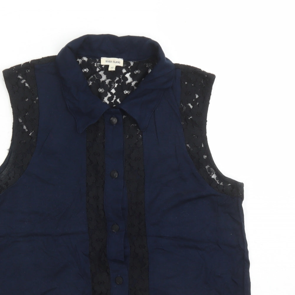 River Island Womens Blue Viscose Basic Button-Up Size 10 Collared