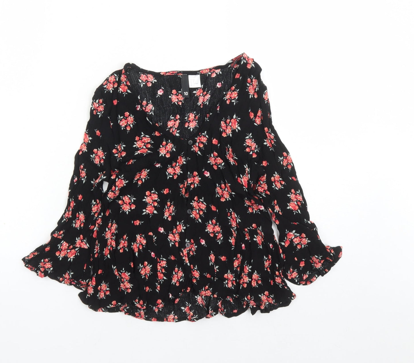 Divided by H&M Womens Black Floral Viscose Basic Button-Up Size 10 V-Neck
