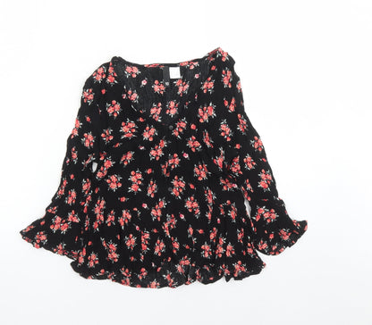 Divided by H&M Womens Black Floral Viscose Basic Button-Up Size 10 V-Neck