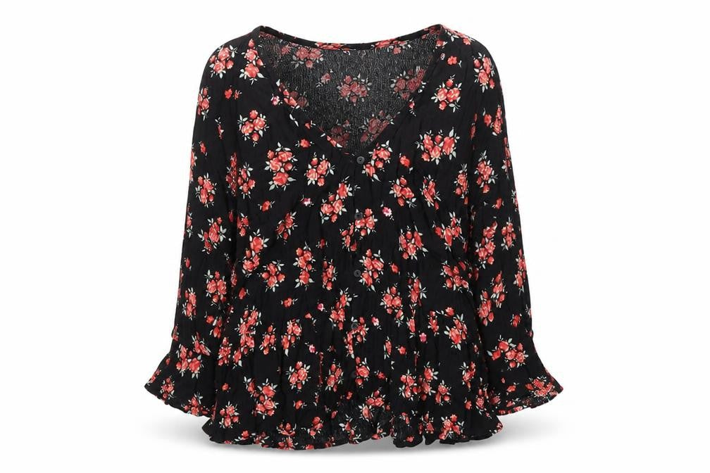 Divided by H&M Womens Black Floral Viscose Basic Button-Up Size 10 V-Neck