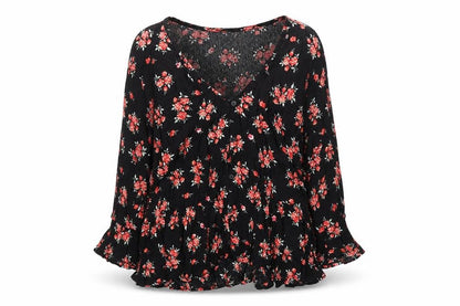 Divided by H&M Womens Black Floral Viscose Basic Button-Up Size 10 V-Neck