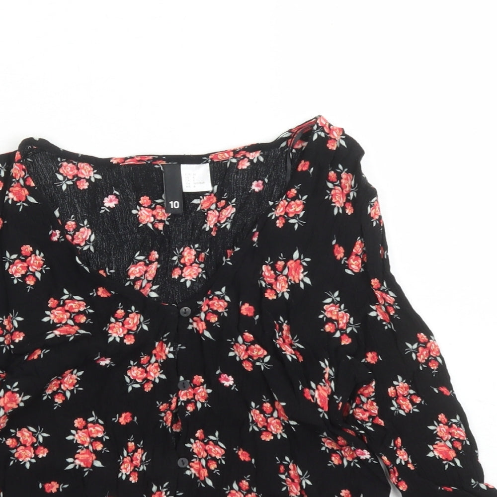 Divided by H&M Womens Black Floral Viscose Basic Button-Up Size 10 V-Neck