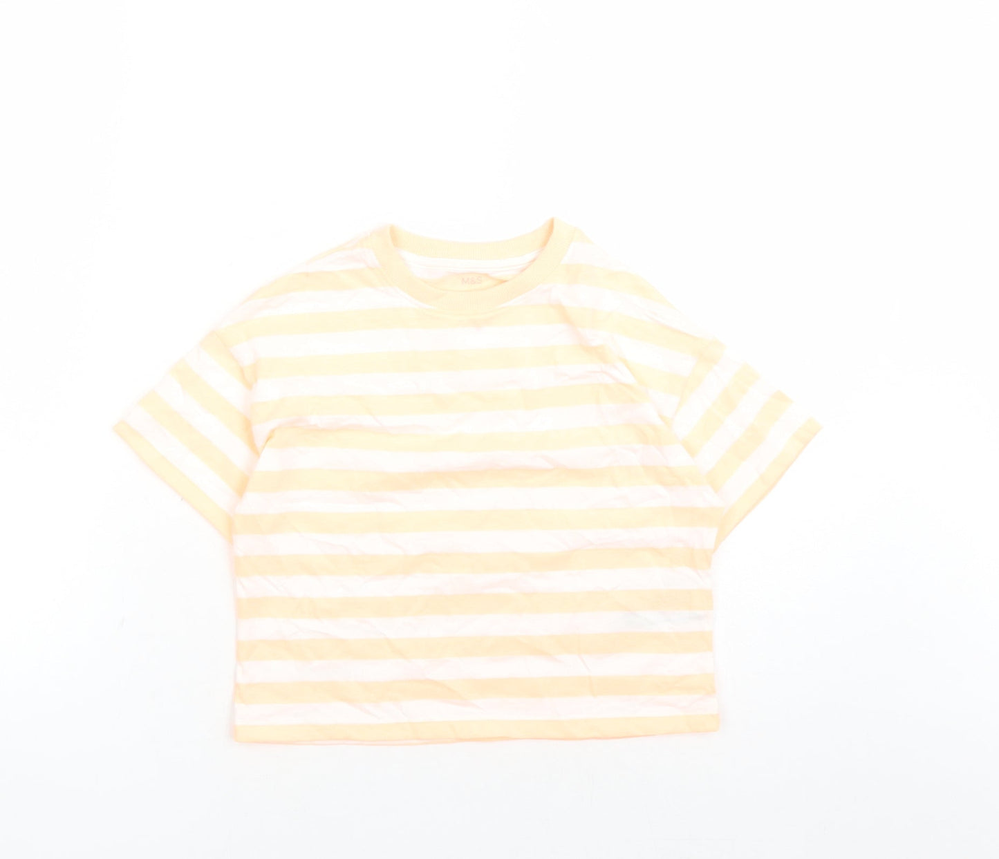Marks and Spencer Girls Orange Striped Cotton Basic T-Shirt Size 7-8 Years Crew Neck Pullover