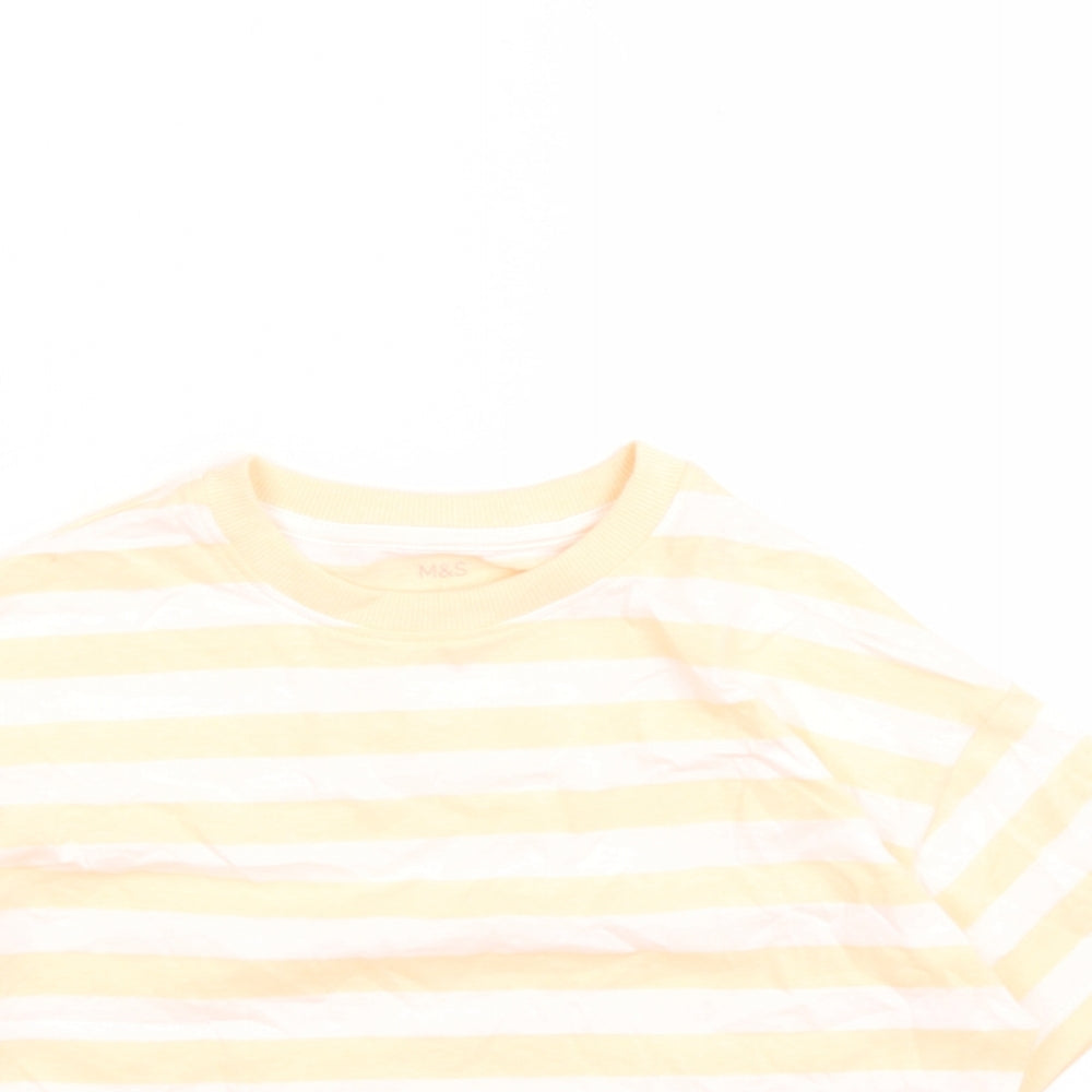 Marks and Spencer Girls Orange Striped Cotton Basic T-Shirt Size 7-8 Years Crew Neck Pullover