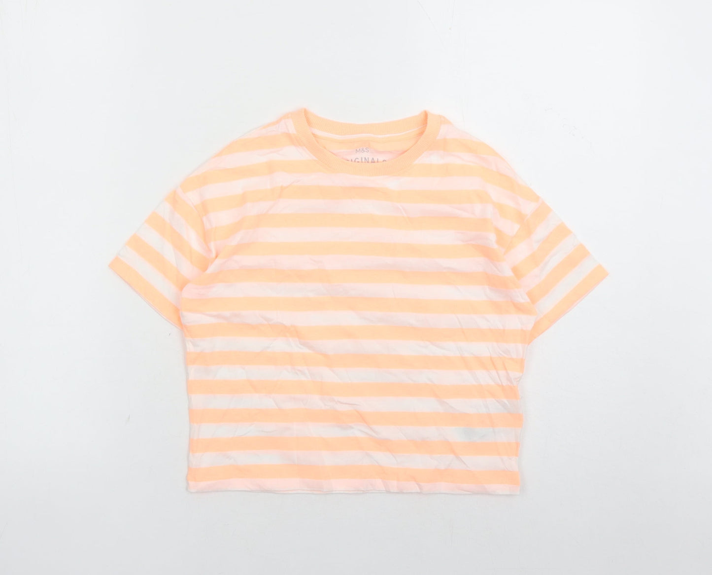 Marks and Spencer Girls Orange Striped Cotton Basic T-Shirt Size 8-9 Years Crew Neck Pullover