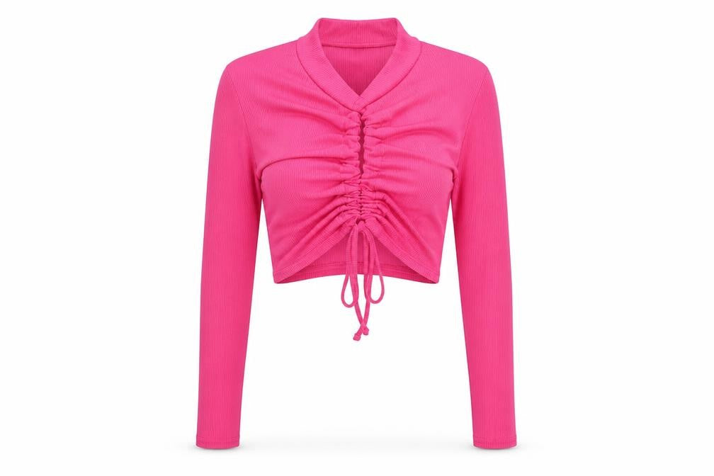 Pink Vanilla Womens Pink Polyester Cropped Blouse Size M Mock Neck - Keyhole Neck Drawstring