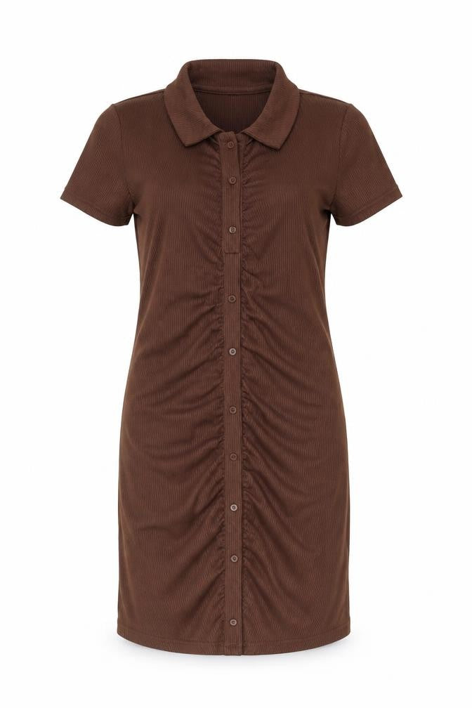 Cropp Womens Brown Polyester Bodycon Size M Collared Pullover - Rouched Button Detail