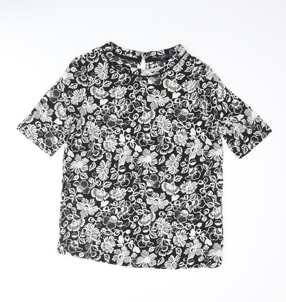 Marks & Spencer Womens Black Floral Polyester Basic Blouse Size 8 Round Neck