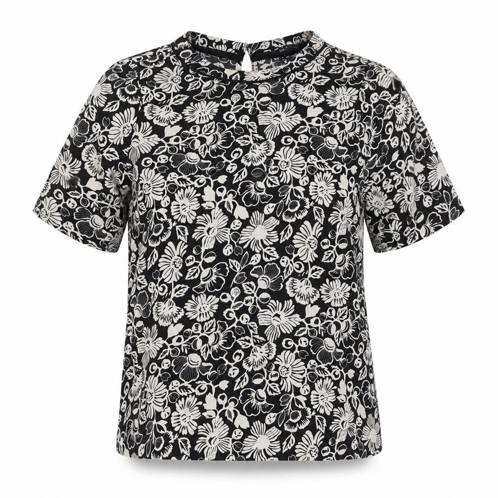 Marks & Spencer Womens Black Floral Polyester Basic Blouse Size 8 Round Neck