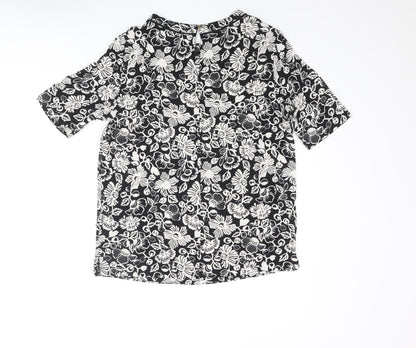 Marks & Spencer Womens Black Floral Polyester Basic Blouse Size 8 Round Neck