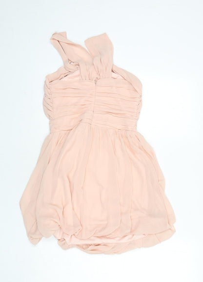 Back view of ASOS women’s pink polyester mini, size UK 8, halter zip