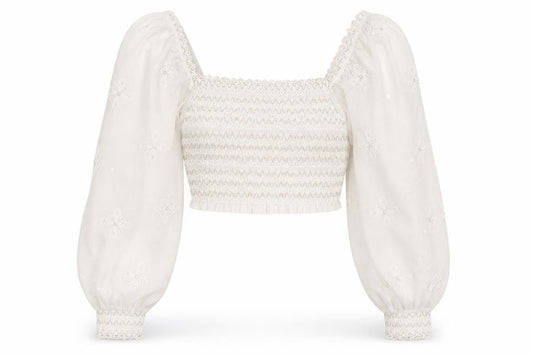 River Island Womens Ivory Polyester Cropped Blouse Size M Square Neck - Embroidered Detail, Stitch Detail
