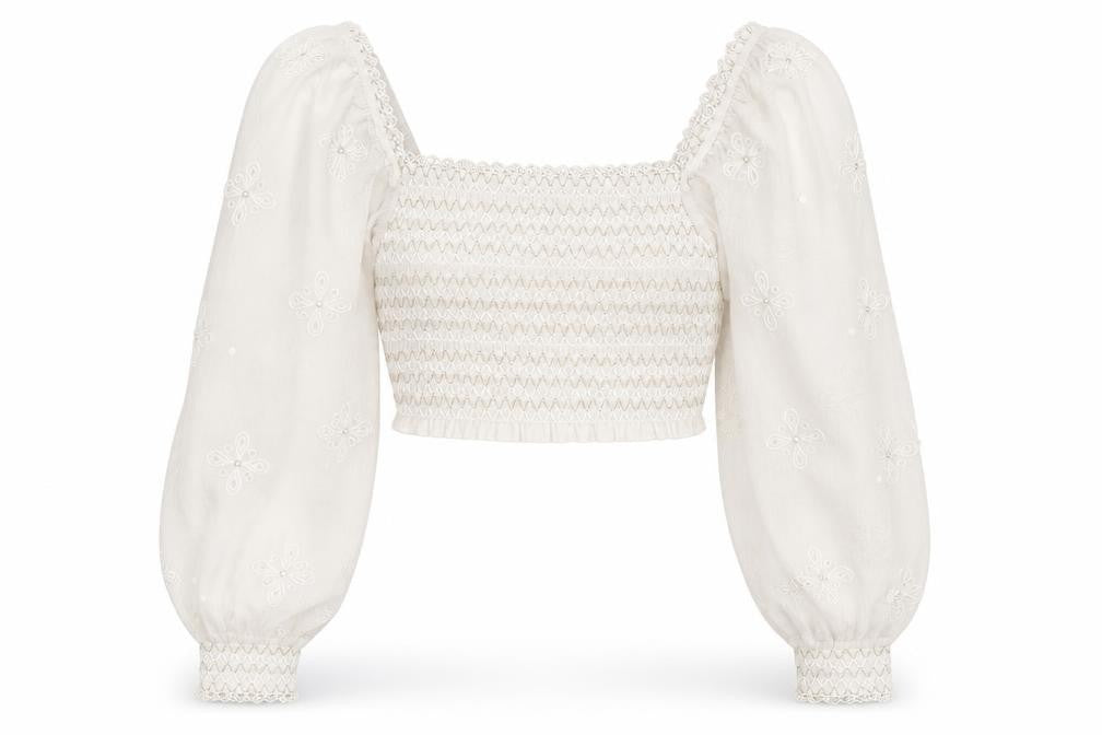 River Island Womens Ivory Polyester Cropped Blouse Size M Square Neck - Embroidered Detail, Stitch Detail