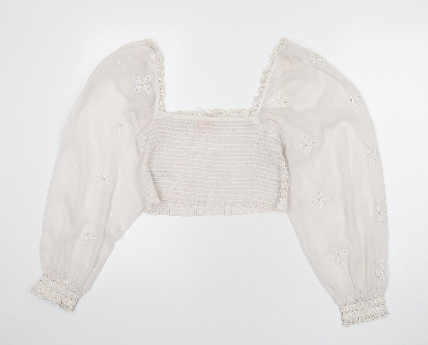 River Island Womens Ivory Polyester Cropped Blouse Size M Square Neck - Embroidered Detail, Stitch Detail