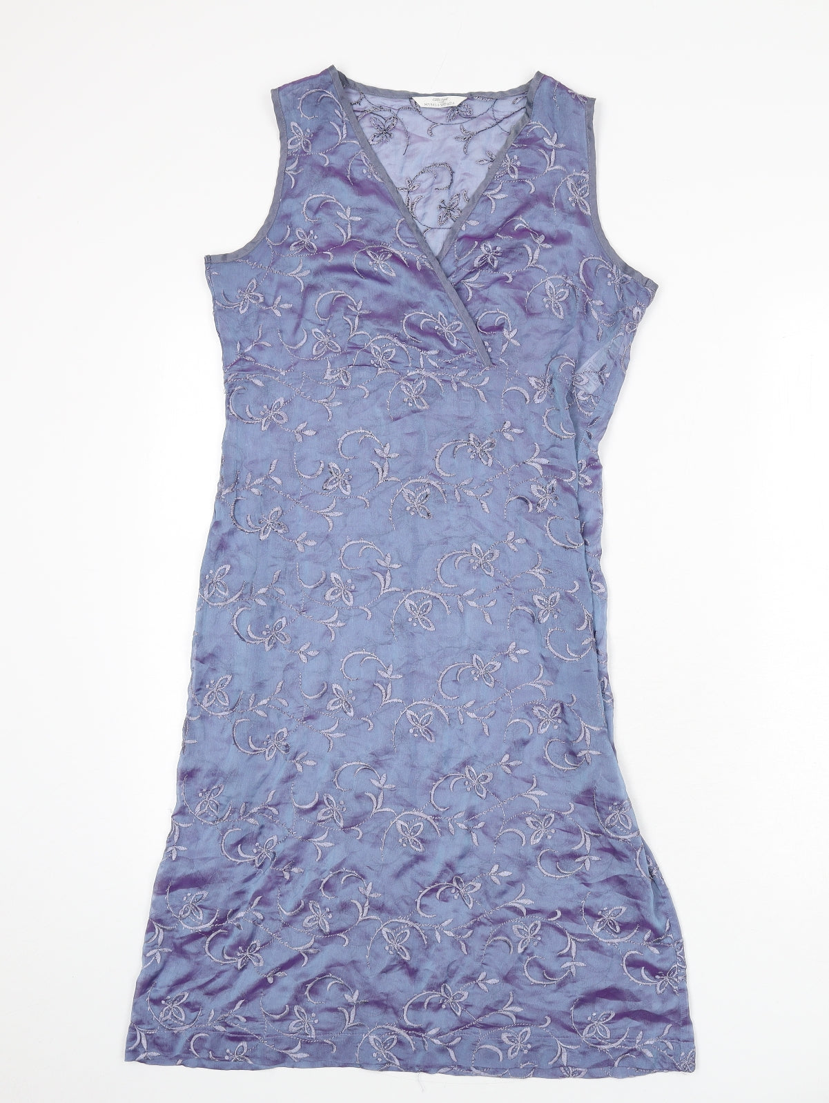St Michael Womens Blue Floral Polyester A-Line Size 10 V-Neck Pullover - Embroidered Detail