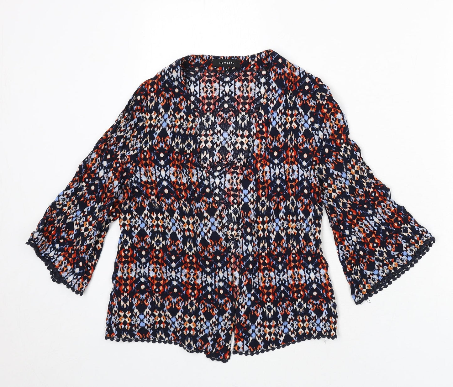 New Look Womens Multicoloured Geometric Viscose Kimono Blouse Size 6 V-Neck - Lace Trim