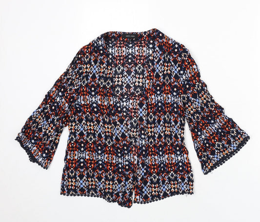 New Look Womens Multicoloured Geometric Viscose Kimono Blouse Size 6 V-Neck - Lace Trim