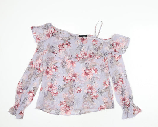 New Look Womens Purple Floral Polyester Basic Blouse Size 10 Scoop Neck - Ruffle Detail