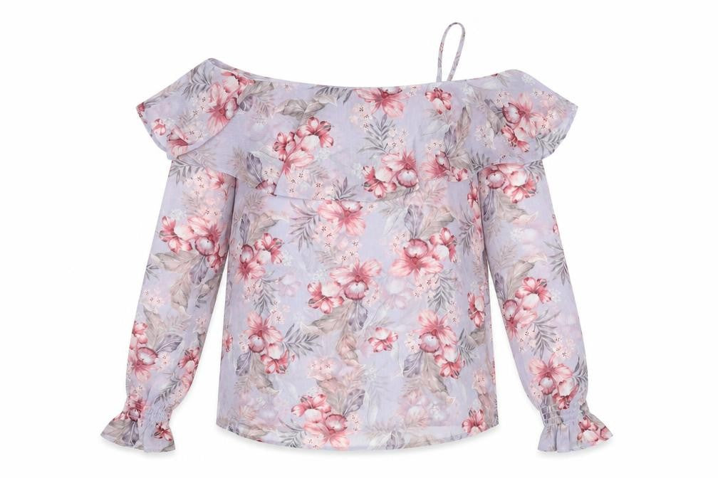 New Look Womens Purple Floral Polyester Basic Blouse Size 10 Scoop Neck - Ruffle Detail