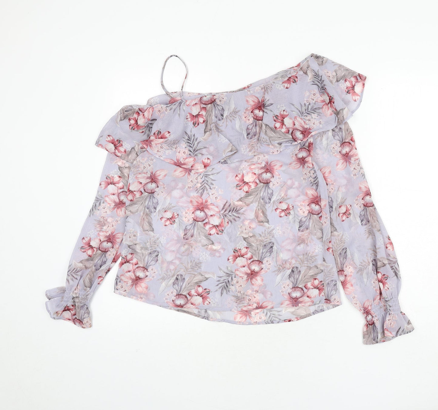 New Look Womens Purple Floral Polyester Basic Blouse Size 10 Scoop Neck - Ruffle Detail