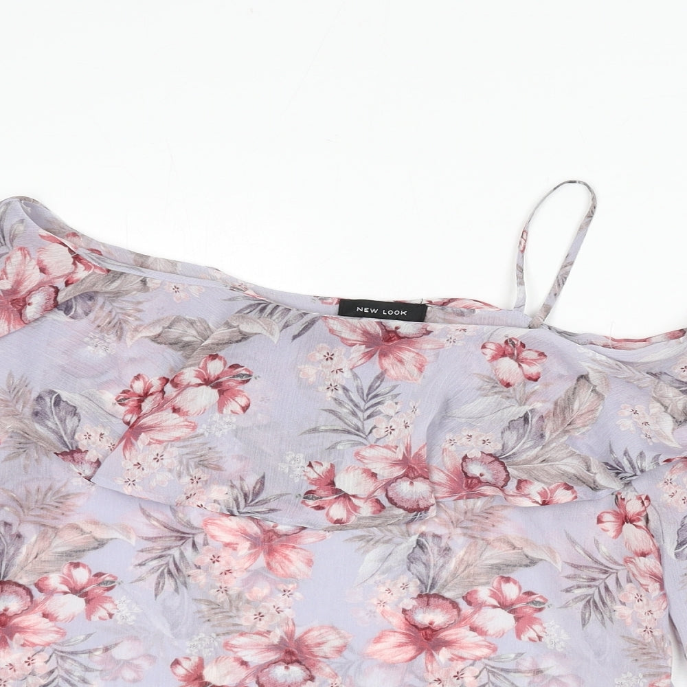 New Look Womens Purple Floral Polyester Basic Blouse Size 10 Scoop Neck - Ruffle Detail