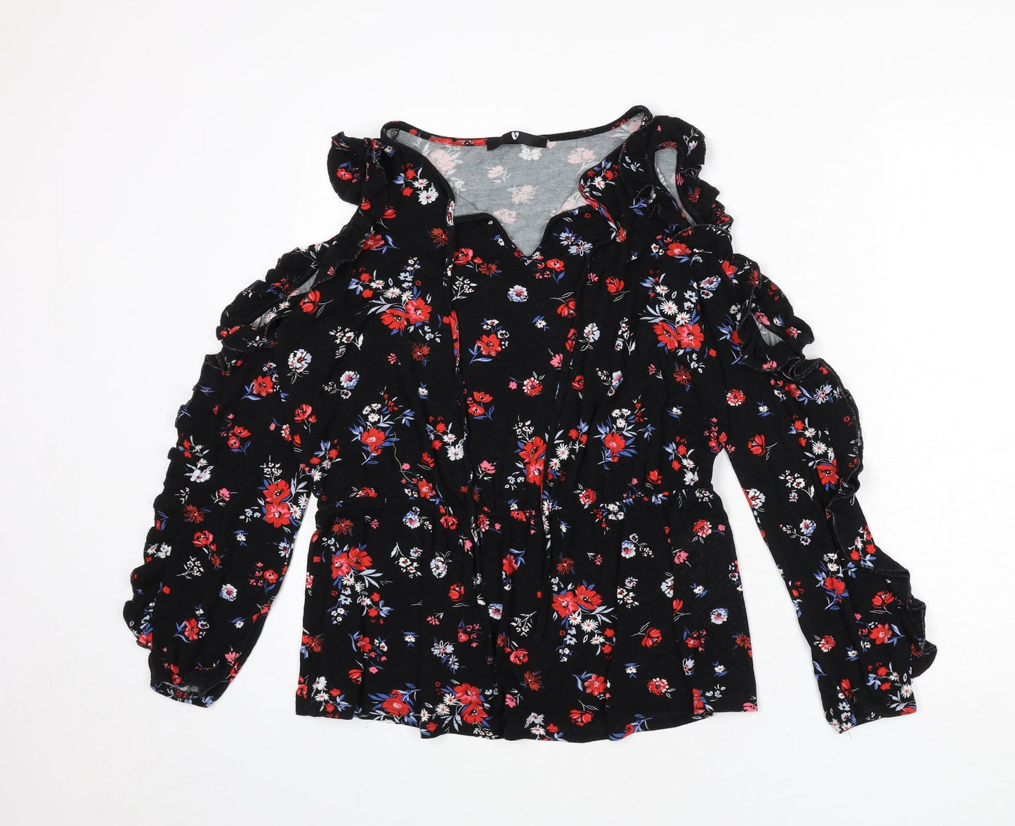 Very Womens Black Floral Viscose Basic T-Shirt Size 14 V-Neck - Tie Detail, Ruffles