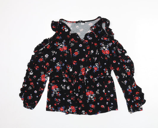 Very Womens Black Floral Viscose Basic T-Shirt Size 14 V-Neck - Tie Detail, Ruffles