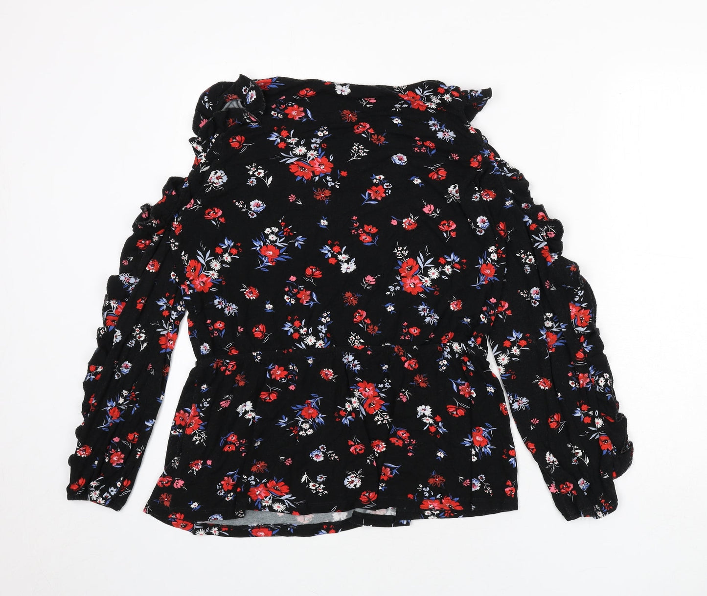 Very Womens Black Floral Viscose Basic T-Shirt Size 14 V-Neck - Tie Detail, Ruffles