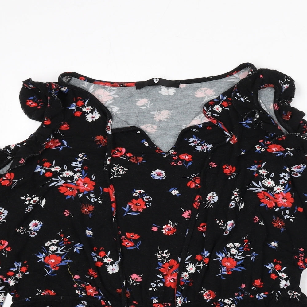Very Womens Black Floral Viscose Basic T-Shirt Size 14 V-Neck - Tie Detail, Ruffles