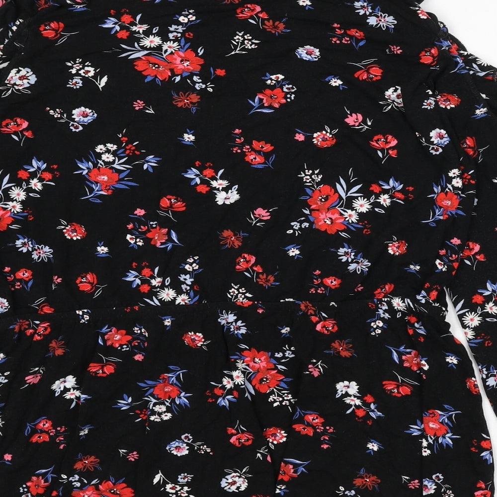 Very Womens Black Floral Viscose Basic T-Shirt Size 14 V-Neck - Tie Detail, Ruffles