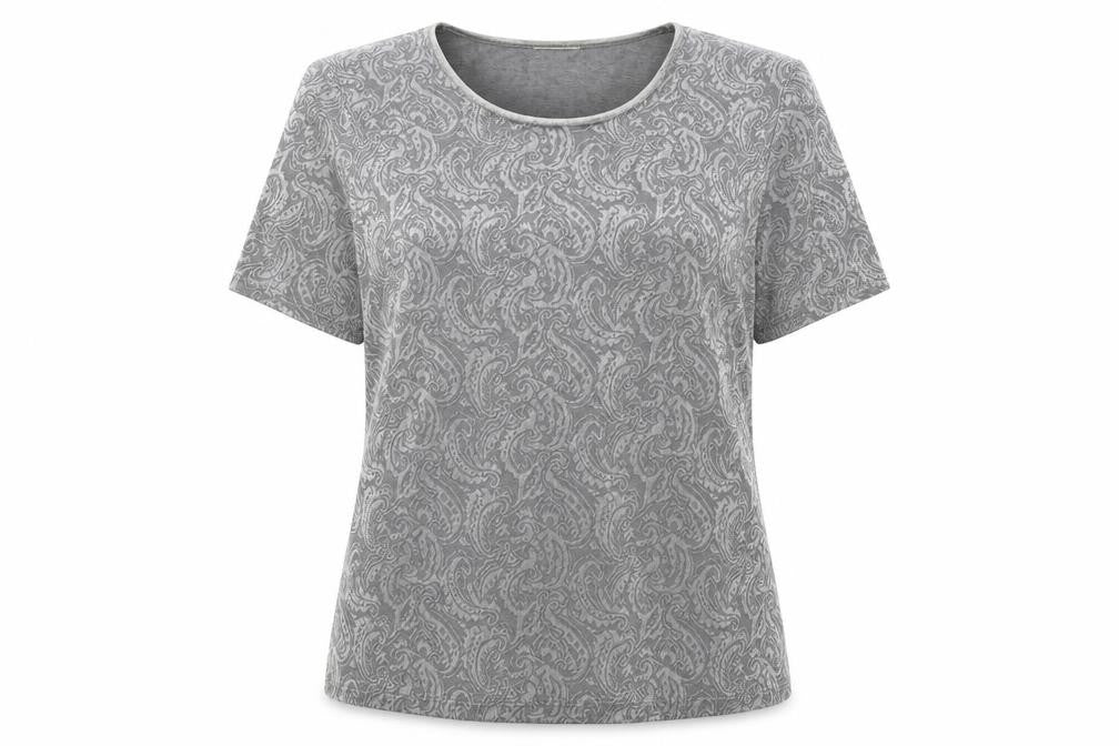 St Michael Womens Grey Paisley Acetate Basic T-Shirt Size 14 Round Neck