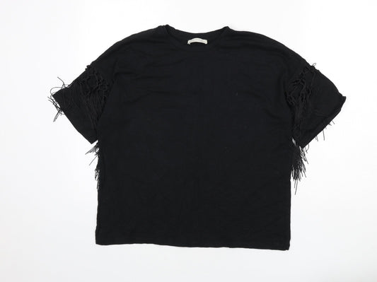 Zara Womens Black Polyester Basic T-Shirt Size M Round Neck - Tassles