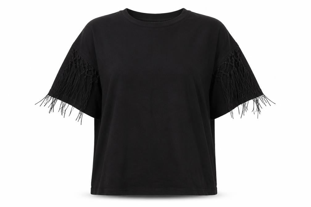 Zara Womens Black Polyester Basic T-Shirt Size M Round Neck - Tassles