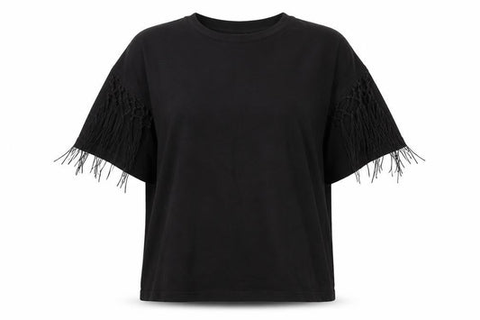 Zara Womens Black Polyester Basic T-Shirt Size M Round Neck - Tassles