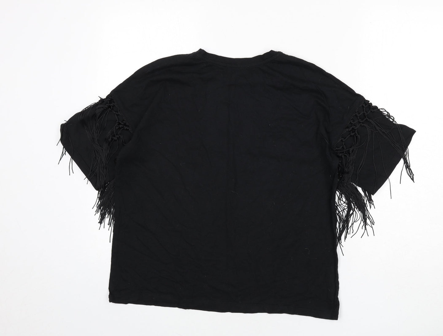 Zara Womens Black Polyester Basic T-Shirt Size M Round Neck - Tassles