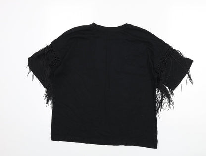 Zara Womens Black Polyester Basic T-Shirt Size M Round Neck - Tassles