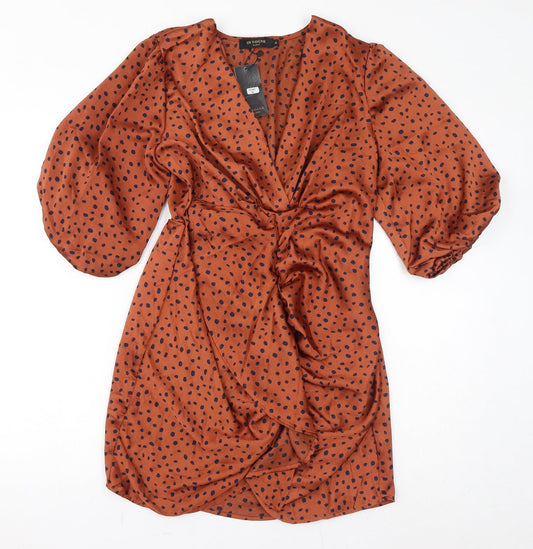 In Vogue Womens Brown Geometric Polyester Mini Size M V-Neck Pullover - Spots