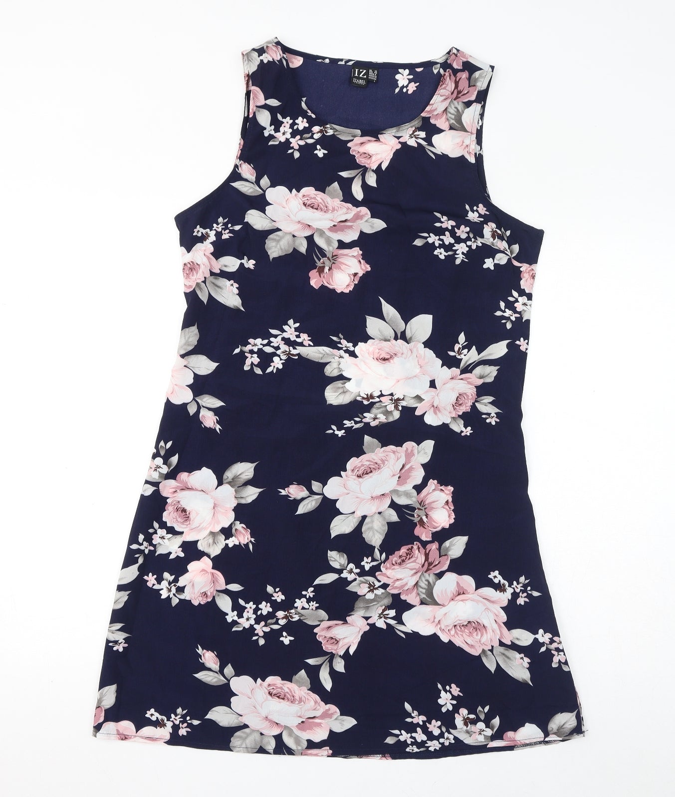 Izabel London Womens Blue Floral Polyester A-Line Size 12 Round Neck Zip