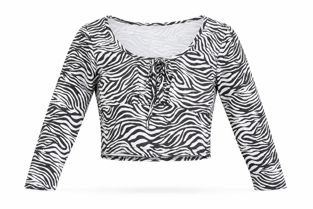 Wednesday's Girl Womens White Animal Print Polyester Basic T-Shirt Size M Round Neck - Zebra, Cropped