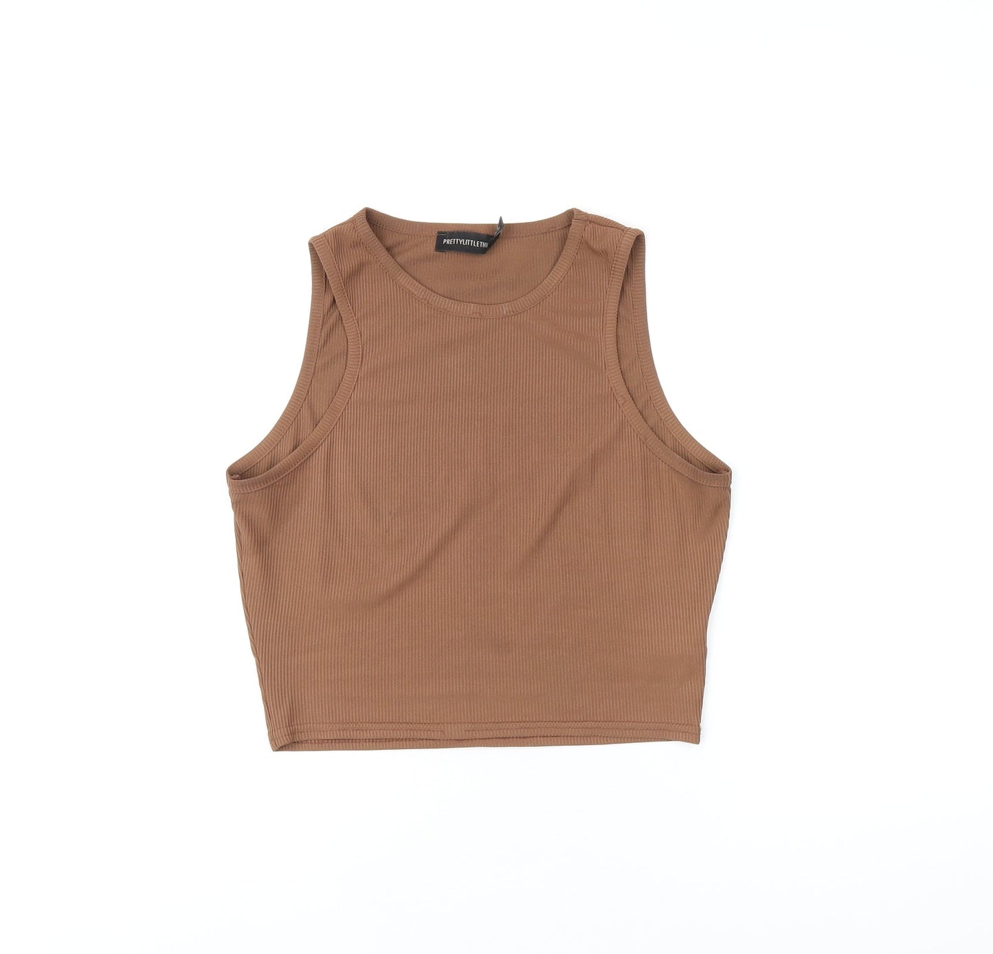 PRETTYLITTLETHING Womens Brown Polyester Cropped T-Shirt Size 10 Round Neck - Ribbed Fabric