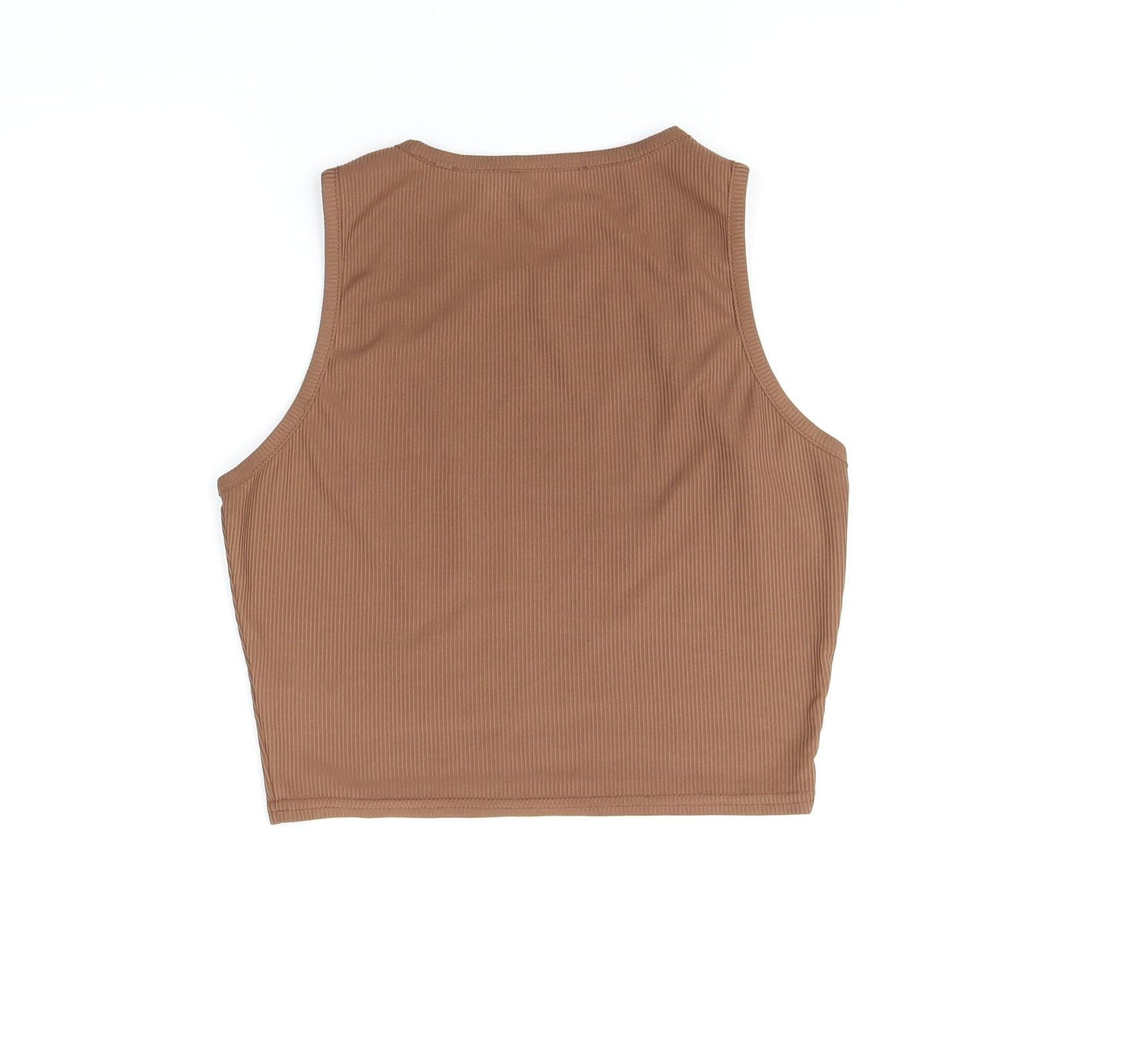 PRETTYLITTLETHING Womens Brown Polyester Cropped T-Shirt Size 10 Round Neck - Ribbed Fabric