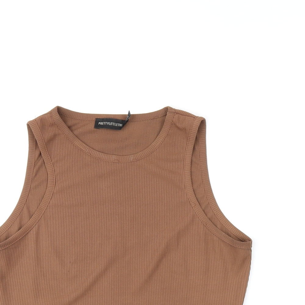 PRETTYLITTLETHING Womens Brown Polyester Cropped T-Shirt Size 10 Round Neck - Ribbed Fabric