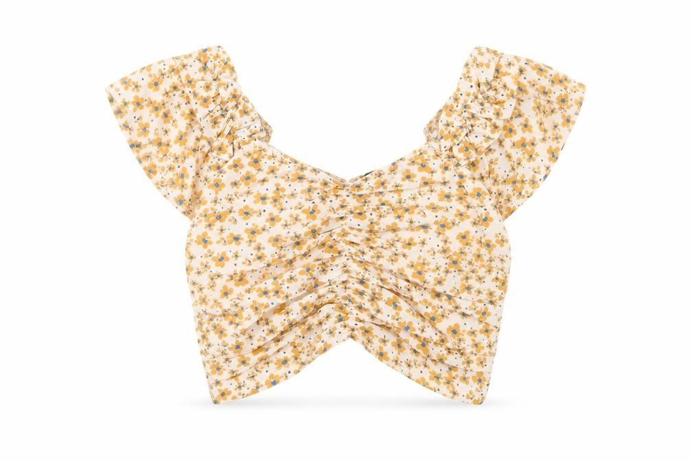 Boohoo Womens Ivory Floral Polyester Cropped T-Shirt Size 10 Off the Shoulder