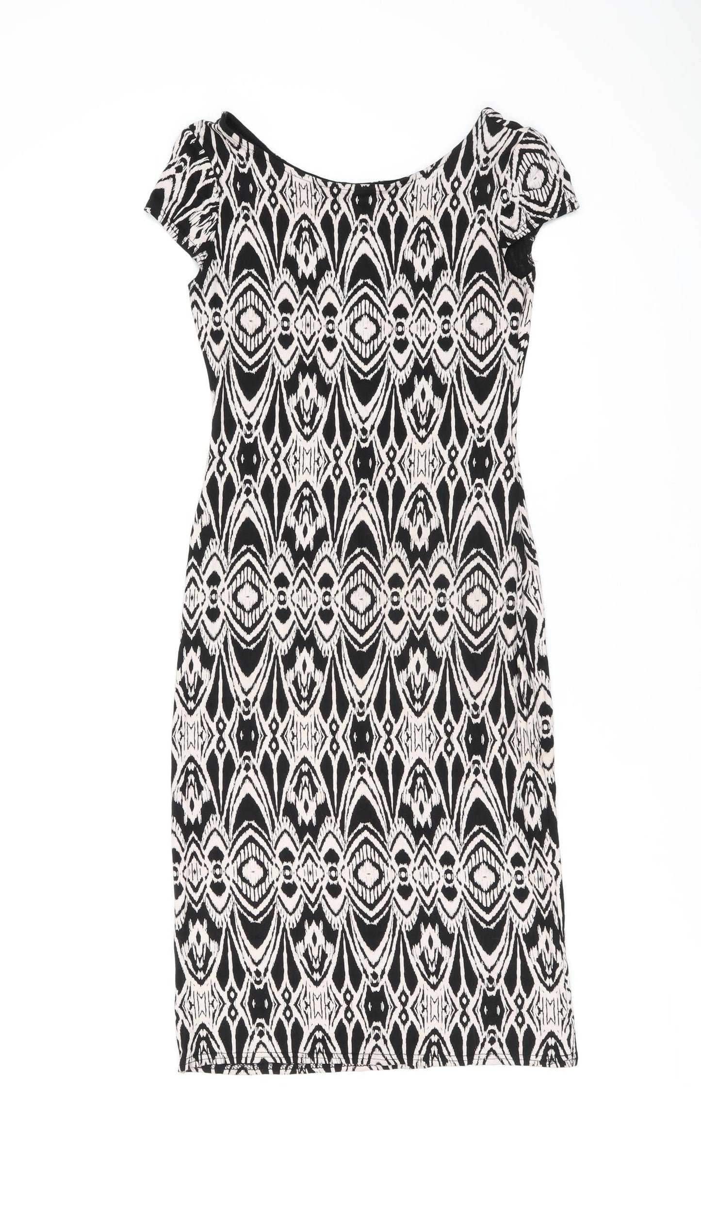 Evita Womens Black Geometric Viscose Bodycon Size 8 Boat Neck Pullover