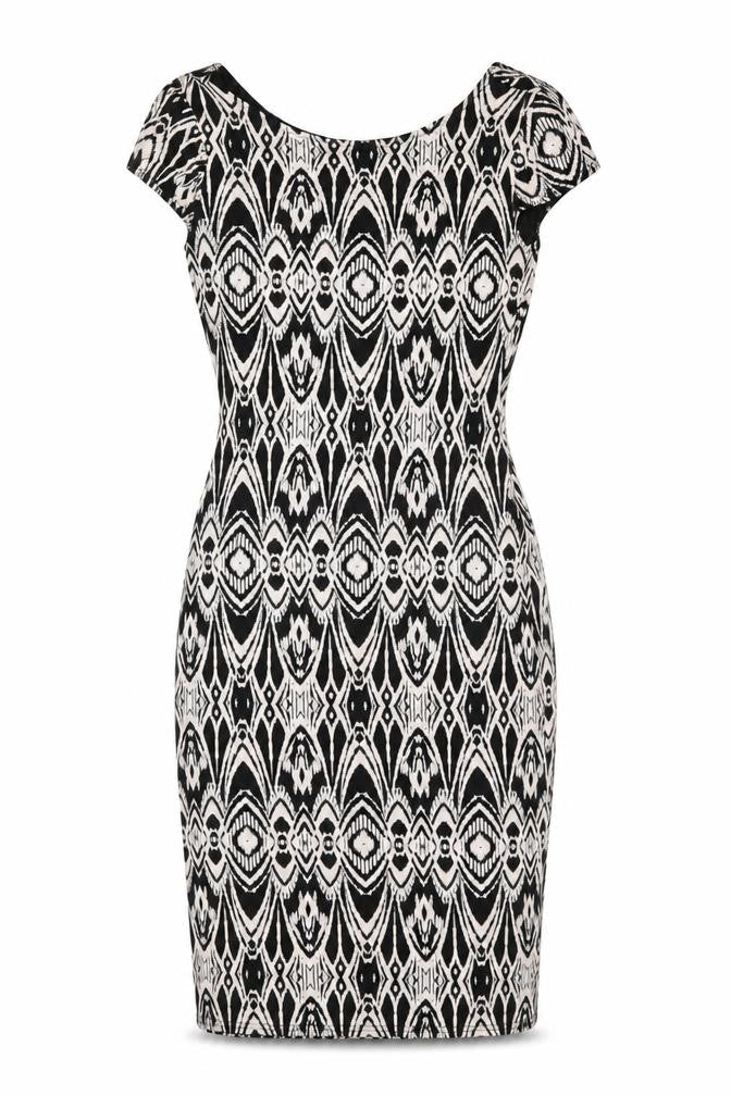 Evita Womens Black Geometric Viscose Bodycon Size 8 Boat Neck Pullover