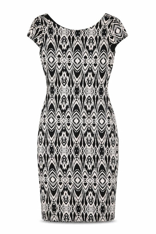Evita Womens Black Geometric Viscose Bodycon Size 8 Boat Neck Pullover