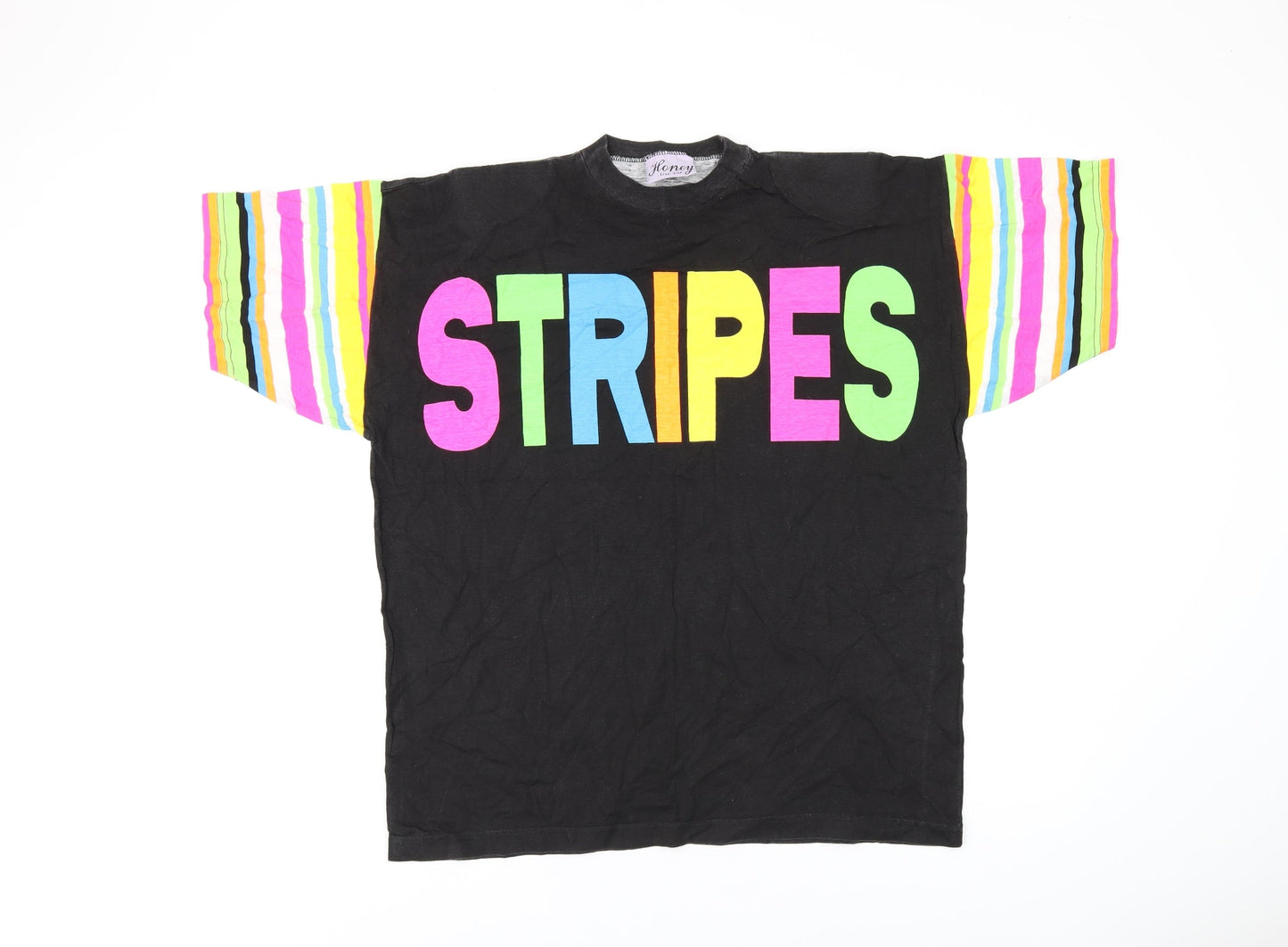 Honey Womens Black Striped Cotton Basic T-Shirt One Size Round Neck - Stripes