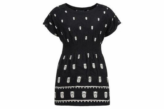 French Connection Womens Black Geometric Viscose Skater Dress Size 8 Round Neck Button - Owl Print