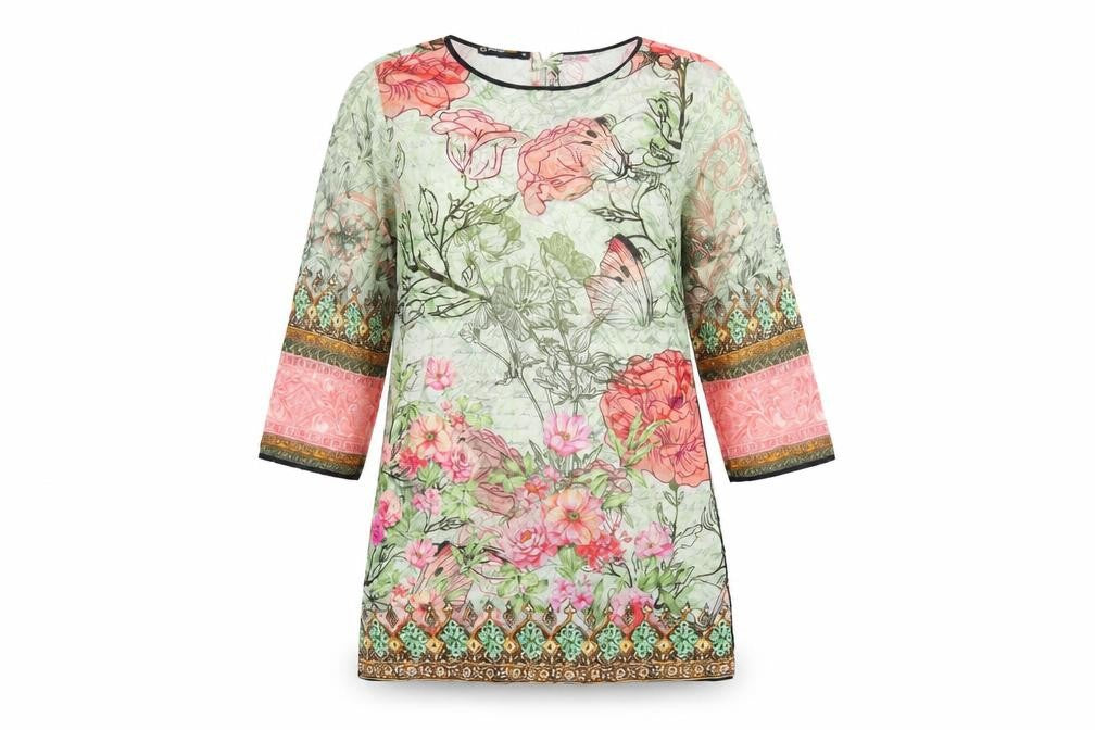 Alkaram Studio Womens Green Floral Polyester Tunic T-Shirt Size XS Round Neck